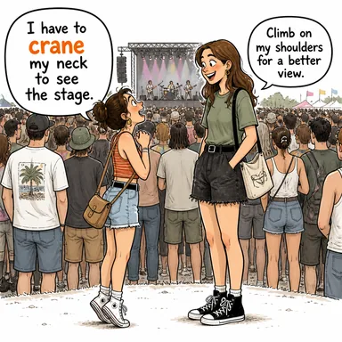 crane (boynunu uzatmak (görmek için)) karikatürü — diyalogla bağlam içinde öğren