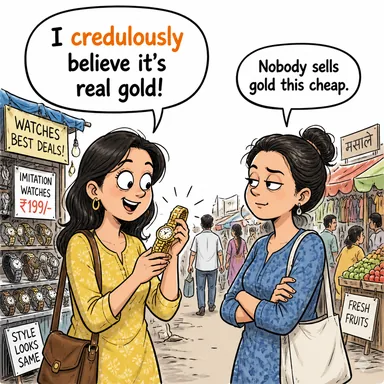 credulously (safça, kolayca inanarak) karikatürü — diyalogla bağlam içinde öğren
