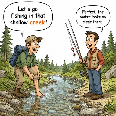 creek (dere, çay, küçük ırmak) karikatürü — diyalogla bağlam içinde öğren