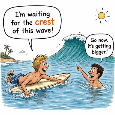 crest (doruk, zirve, (dalga/dağ) tepesi; arma) karikatürü — diyalogla bağlam içinde öğren