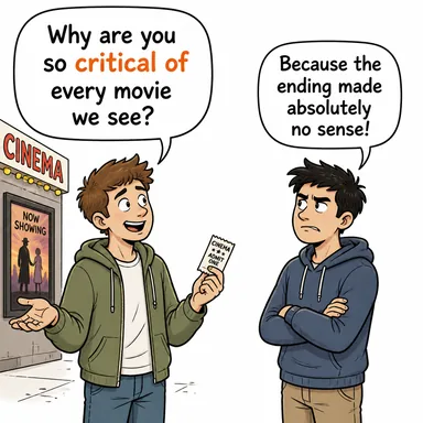 critical of (eleştirel, kusur bulan, muhalif) karikatürü — diyalogla bağlam içinde öğren