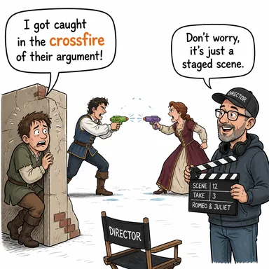 crossfire (çapraz ateş) karikatürü — diyalogla bağlam içinde öğren
