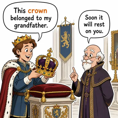 crown (taç, hükümdarlık, zirve) karikatürü — diyalogla bağlam içinde öğren