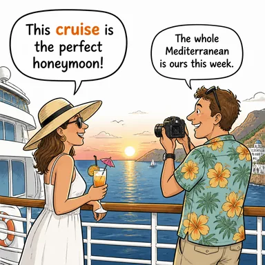 cruise (gemi seyahati, (sabit hızla) seyretmek) karikatürü — diyalogla bağlam içinde öğren