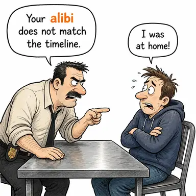 alibi (mazeret, (hukukta) suç anında başka yerde olduğuna dair kanıt) karikatürü — diyalogla bağlam içinde öğren