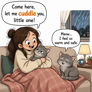 cuddle (sarılmak, kucaklaşmak) karikatürü — diyalogla bağlam içinde öğren