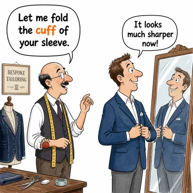 cuff (manşet, paça; kelepçe) karikatürü — diyalogla bağlam içinde öğren