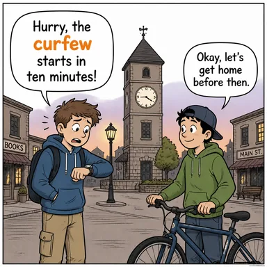 curfew (sokağa çıkma yasağı) karikatürü — diyalogla bağlam içinde öğren