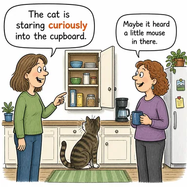 curiously (merakla; tuhaf bir şekilde) karikatürü — diyalogla bağlam içinde öğren
