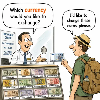 currency (para birimi, döviz; geçerlilik) karikatürü — diyalogla bağlam içinde öğren