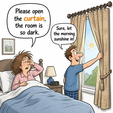 curtain (perde) karikatürü — diyalogla bağlam içinde öğren