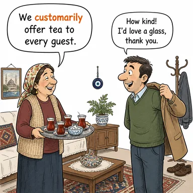 customarily (adet olduğu üzere, alışılagelmiş şekilde, genellikle) karikatürü — diyalogla bağlam içinde öğren