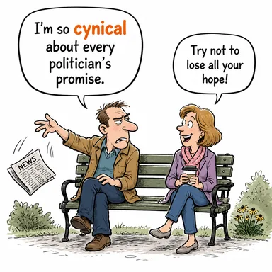 cynical (alaycı, insanlara güvenmeyen, kötümser) karikatürü — diyalogla bağlam içinde öğren