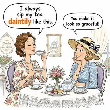 daintily (zarifçe, nazikçe, titizlikle) karikatürü — diyalogla bağlam içinde öğren