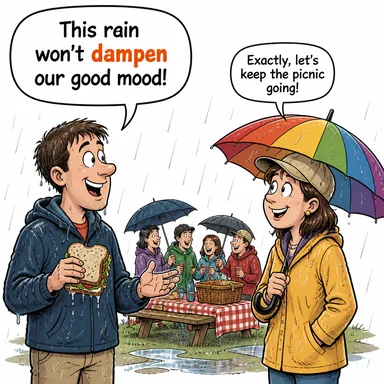 dampen (nemlendirmek; (hevesini/etkisini) kırmak, azaltmak) karikatürü — diyalogla bağlam içinde öğren