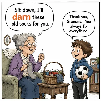 darn (örerek onarmak, yama yapmak) karikatürü — diyalogla bağlam içinde öğren