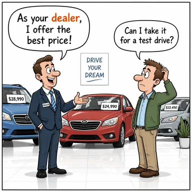 dealer (satıcı, tüccar, bayi) karikatürü — diyalogla bağlam içinde öğren