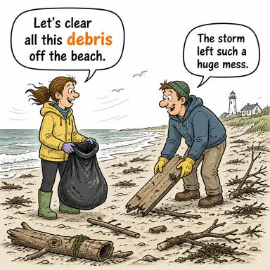 debris (enkaz, moloz, döküntü) karikatürü — diyalogla bağlam içinde öğren