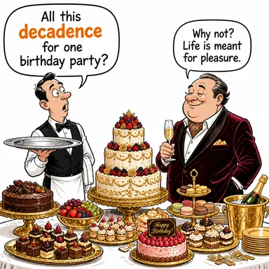 decadence (çöküş, yozlaşma, ahlaki gerileme (genellikle zevk düşkünlüğü ile)) karikatürü — diyalogla bağlam içinde öğren