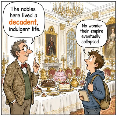 decadent (çökmüş, yozlaşmış, sefahat düşkünü) karikatürü — diyalogla bağlam içinde öğren