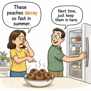 decay (çürümek, bozulmak, gerilemek) karikatürü — diyalogla bağlam içinde öğren