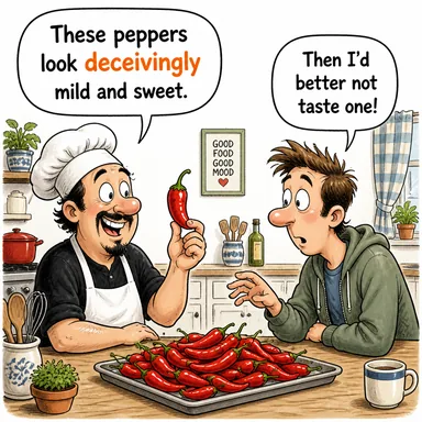 deceivingly (aldatıcı bir şekilde, yanıltıcı olarak) karikatürü — diyalogla bağlam içinde öğren