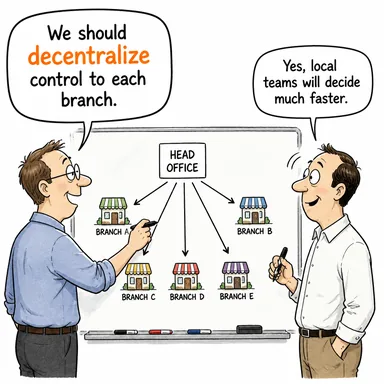 decentralize (yerinden yönetim uygulamak, (yetkiyi/sorumluluğu) merkezden dağıtmak) karikatürü — diyalogla bağlam içinde öğren