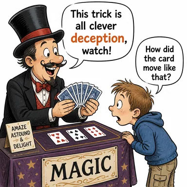 deception (aldatma, hile, kandırmaca) karikatürü — diyalogla bağlam içinde öğren