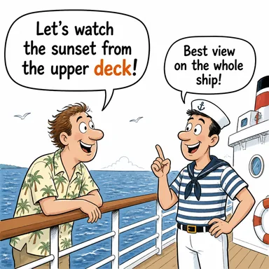 deck (güverte; iskambil destesi) karikatürü — diyalogla bağlam içinde öğren