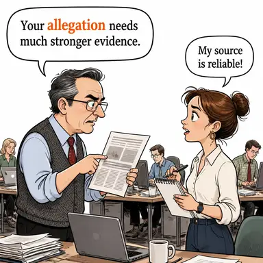 allegation (iddia, suçlama (henüz kanıtlanmamış)) karikatürü — diyalogla bağlam içinde öğren