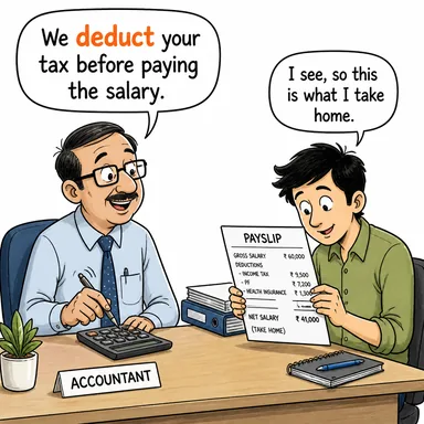 deduct (çıkarmak, tenzil etmek) karikatürü — diyalogla bağlam içinde öğren