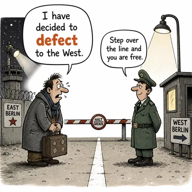 defect (taraf değiştirmek, iltica etmek; kusur) karikatürü — diyalogla bağlam içinde öğren