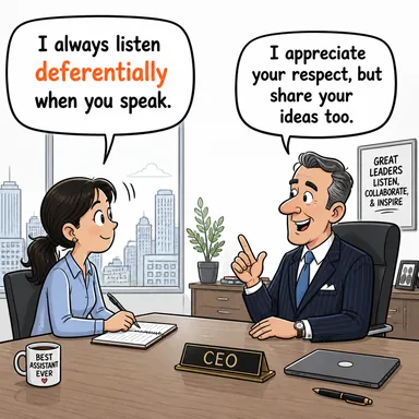 deferentially (saygıyla, hürmetle, itaatkar bir şekilde) karikatürü — diyalogla bağlam içinde öğren