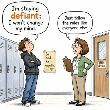 defiant (meydan okuyan, karşı gelen, isyankar) karikatürü — diyalogla bağlam içinde öğren