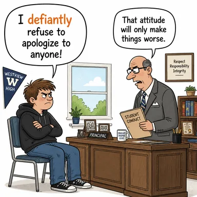 defiantly (meydan okurcasına, küstahça) karikatürü — diyalogla bağlam içinde öğren