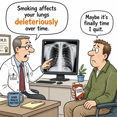 deleteriously (zararlı bir şekilde, sağlığı bozarak) karikatürü — diyalogla bağlam içinde öğren