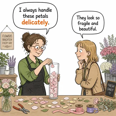 delicately (nazikçe, incelikle, hassas bir şekilde) karikatürü — diyalogla bağlam içinde öğren