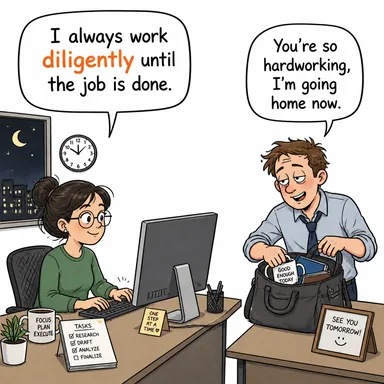 diligently (gayretle, itinayla, çalışkanlıkla) karikatürü — diyalogla bağlam içinde öğren