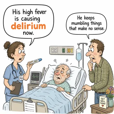 delirium (sayıklama, hezeyan, çılgınlık) karikatürü — diyalogla bağlam içinde öğren