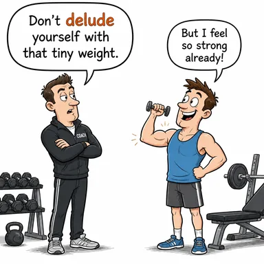 delude (kandırmak, yanıltmak, avutmak) karikatürü — diyalogla bağlam içinde öğren