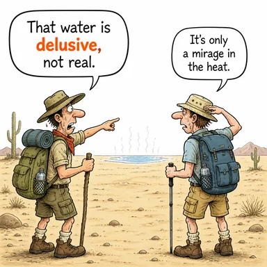 delusive (aldatıcı, hileli, yanıltıcı) karikatürü — diyalogla bağlam içinde öğren