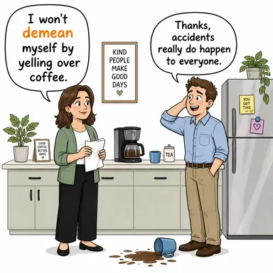 demean (alçaltmak, küçük düşürmek) karikatürü — diyalogla bağlam içinde öğren