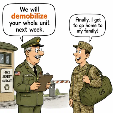 demobilize (terhis etmek, askerden arındırmak) karikatürü — diyalogla bağlam içinde öğren