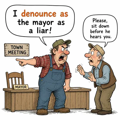 denounce as (olarak ihbar etmek, kınamak, suçlamak) karikatürü — diyalogla bağlam içinde öğren