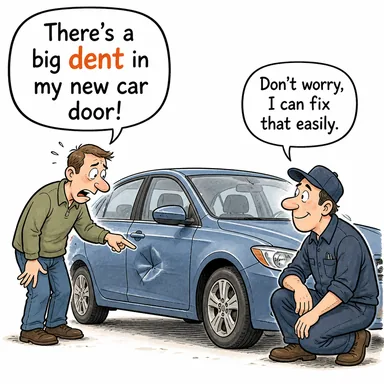 dent (göçük, çökük; (mecazen) zarar, eksilme) karikatürü — diyalogla bağlam içinde öğren