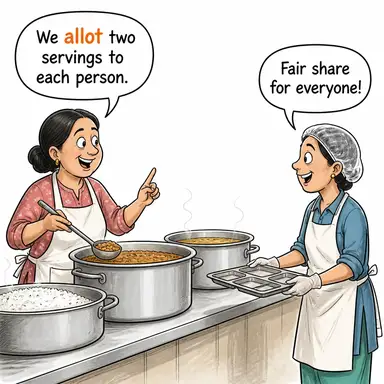 allot (pay etmek, bölüştürmek, (süre/hak) tanımak) karikatürü — diyalogla bağlam içinde öğren