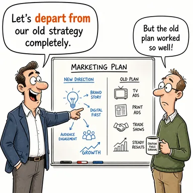 depart from (ayrılmak (yerden/fikirden), sapmak) karikatürü — diyalogla bağlam içinde öğren