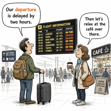 departure (kalkış, ayrılış; sapma) karikatürü — diyalogla bağlam içinde öğren