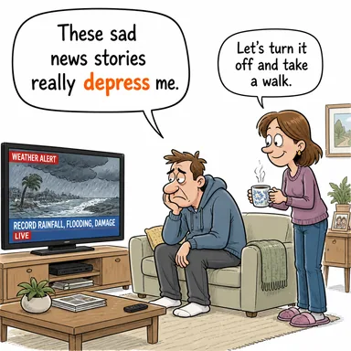 depress (üzmek, bunaltmak; (ekonomiyi/fiyatı) düşürmek) karikatürü — diyalogla bağlam içinde öğren