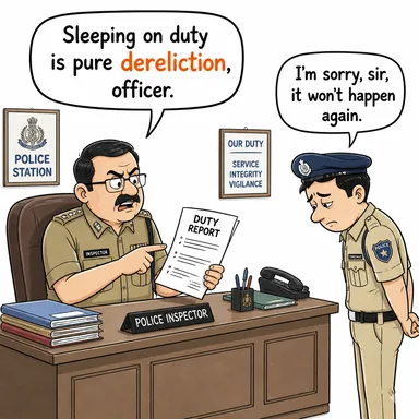 dereliction (ihmal, görevi savsaklama; terk edilme) karikatürü — diyalogla bağlam içinde öğren